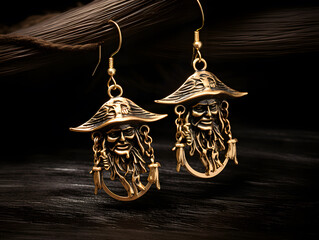 Pirate motif on gold earrings with a pirate captain's head. Tiny imitation jewelry.