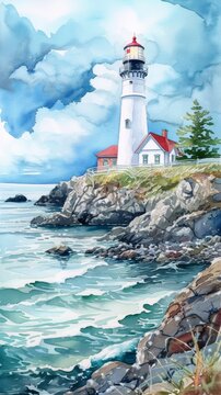 Watercolor painting of a lighthouse by the sea