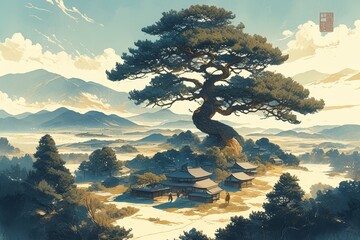 An illustration of a landscape featuring an ancient pine tree, two small buildings and mountains in the background.