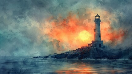 Painted lighthouse at sunset