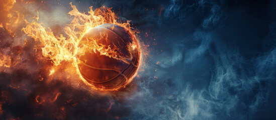 Flaming Basketball Ascending Skyward, Azure Sky Phenomenon, Fiery Blaze Momentum - obrazy, fototapety, plakaty