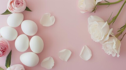Obraz na płótnie Canvas White eggs flowers and petals on pink background, White eggs flowers and petals on pink background.