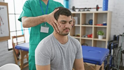 A male physiotherapist performs neck adjustments on a patient in a rehab clinic.