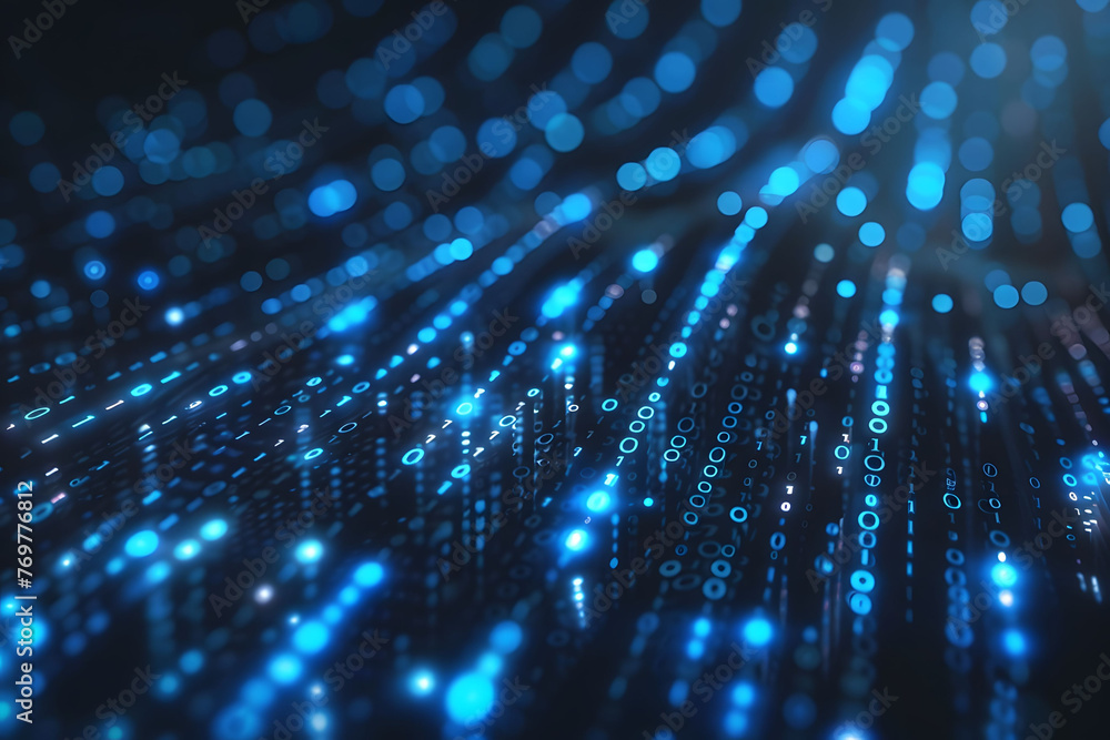 Poster abstract digital background with blue binary code and light streaks on black background, symbolizing
