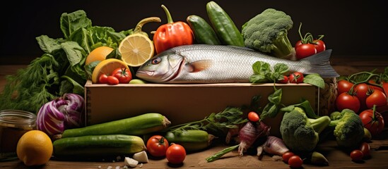 A fresh fish is placed on a rustic wooden box amidst a variety of colorful vegetables. This scene...