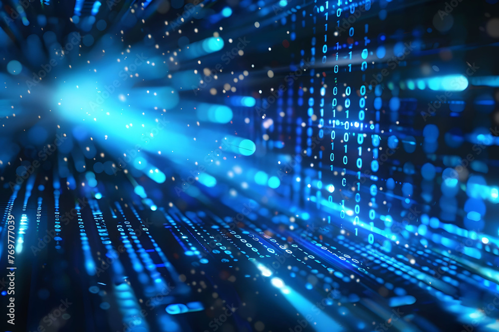 Poster abstract digital background with blue binary code and light streaks on black background, symbolizing