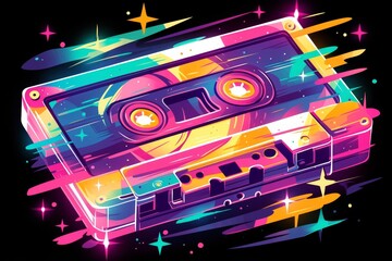 Color drip cassette tape, vectorized design on black background, very colorful and vibrant colors with paint splashes, contour lines. 