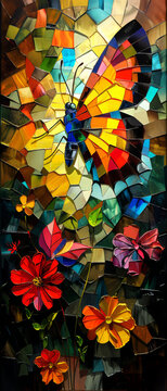 Stained glass window with a butterfly on a background of flowers.