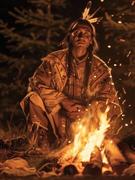 Native Americans 19th century: Young American Indian in war attire, with feathers and tattoos sitting in front of a bright campfire in the nighttime forest