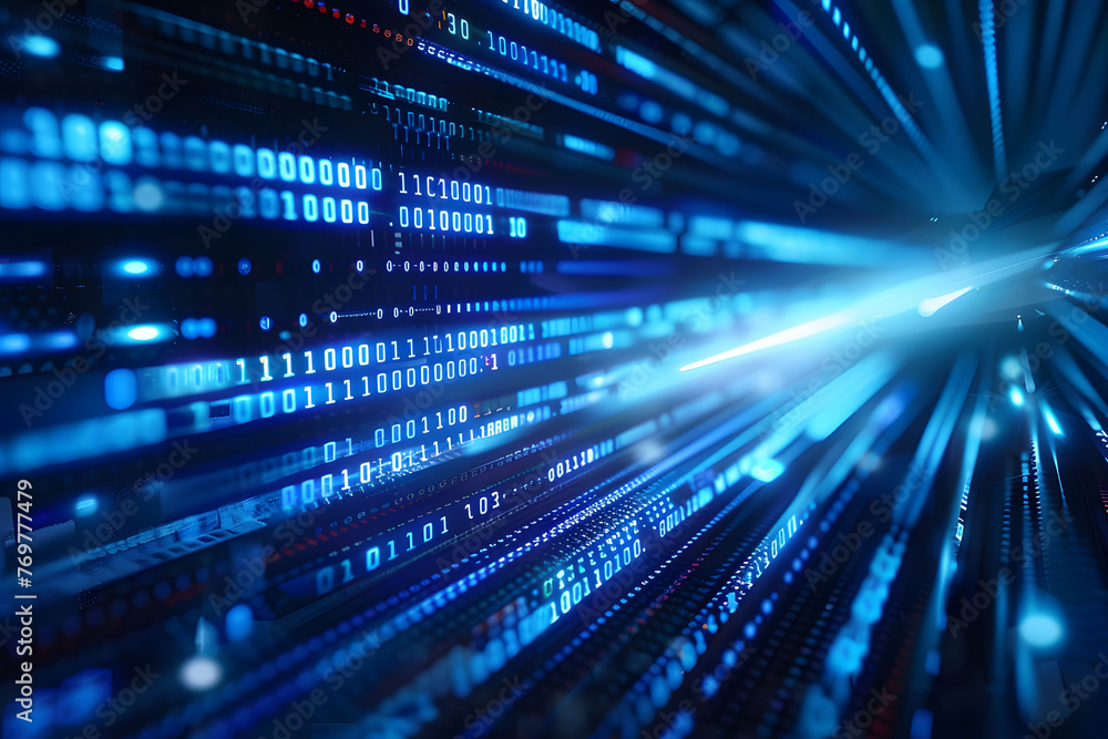 Poster abstract digital background with blue binary code and light streaks on black background, symbolizing