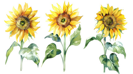 Set sunflowers, watercolor illustration, isolated white background, flora design , cut out
