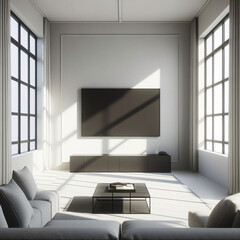 Televisión colocada sobre una mesa de madera con soporte para televisión, en un espacio vacío mínimo, sala de estar, fondo de pared blanca. - obrazy, fototapety, plakaty