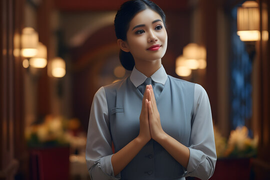 Portrait Asian model posing to pay respect with smiling wearing. Beautiful Asian businesswoman standing and is posing Wai.