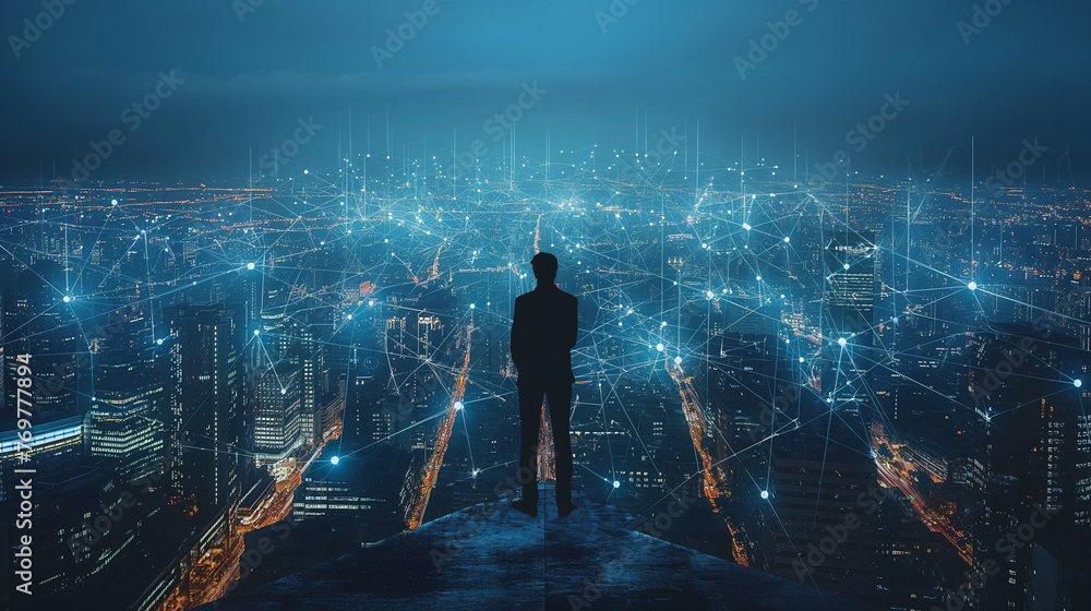 Poster businessman standing on smart city map with big data connection technology concept. 3d rendering.