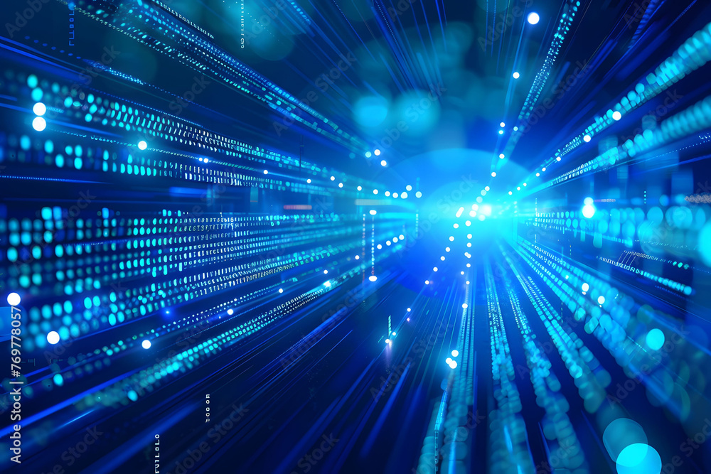 Poster abstract digital background with blue binary code and light streaks on black background, symbolizing