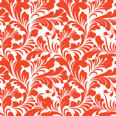 Festive red floral seamless pattern with leaves and flowers. Abstract swirl line leaf ornamental flourish texture