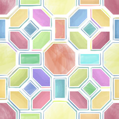 Artistic geometric watercolor seamless pattern. Abstract outline colored texture. Cube, rhomb, hexagon stylish ornamental retro design element