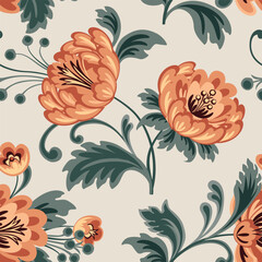 Floral seamless pattern. Flower background. Flourish garden texture with flowers and leaves in retro fabric style