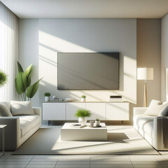 Televisión colocada sobre una mesa de madera con soporte para televisión, en un espacio vacío mínimo, sala de estar, fondo de pared blanca.