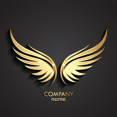 3d gold wings symbol, shiny metal logo