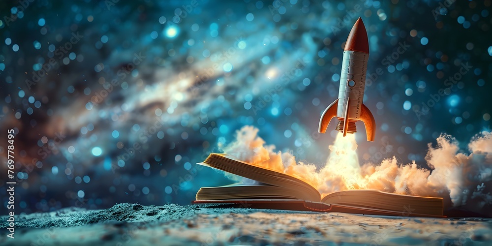 Poster a powerful rocket character soaring into the vast starry expanse symbolizing the propulsion of progr
