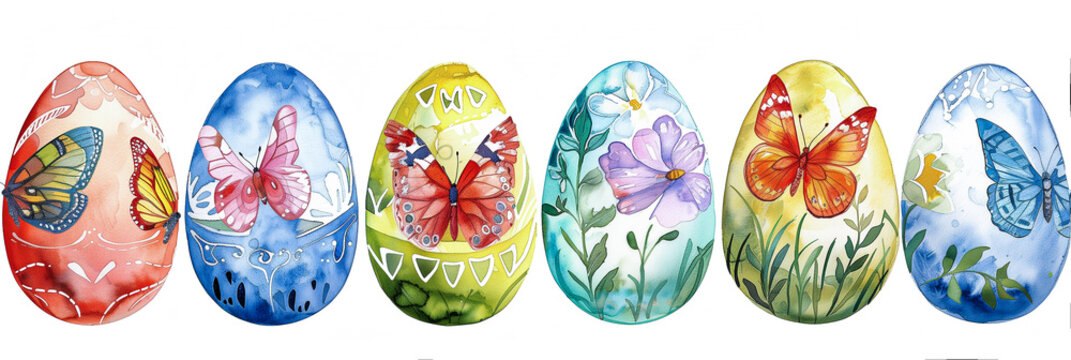 A group of colorful watercolor Easter eggs with butterflies and flowers decor, standing in a row on a white background with copy space. Drawn greeting card, banner. Easter holiday