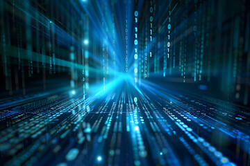 Abstract digital background with blue binary code and light streaks on black background, symbolizing technology and data transfer in cyberspace. This represents the flow of data in computer networks.