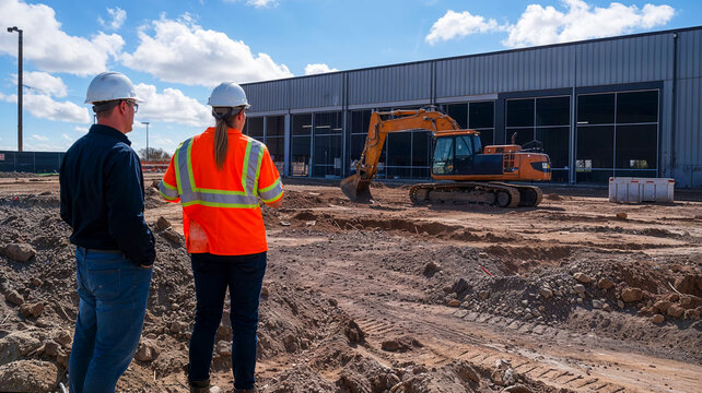 un homme et une femme en r&eacute;union de chantier sur un projet commercial