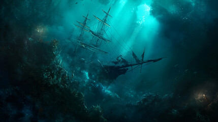 Lost ship in depths ocean