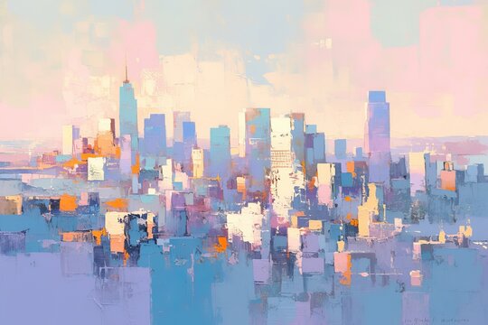 abstract painting of pink, orange and teal cityscape, light blue background