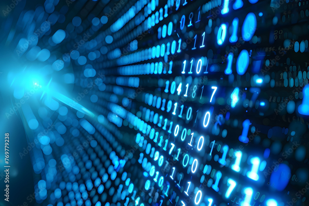 Poster abstract digital background with blue binary code and light streaks on black background, symbolizing