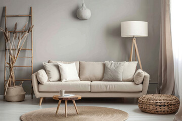 Gray lamp above beige couch in sophisticated living room interior with ladder and wooden round table.
