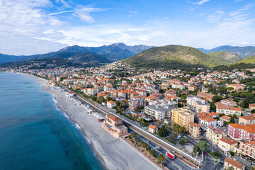 Finale, Ligure - Italy - Aerial view of the beautiful Italian mediterranean village of Finale...