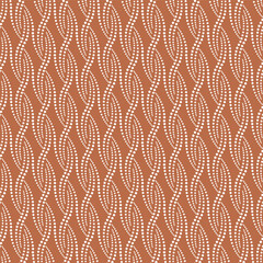 Wave pattern of white dots on a brown background. Geometric ornament of dots. White patterned stripes. Vector seamless pattern.