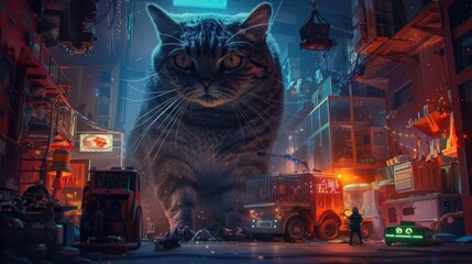 Cat, gigantic, among futuristic toys, science fiction setting, twilight mystery, gentle giant ,  super realistic