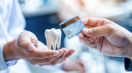 A person's hand holding a white 3D model of a molar extends to another hand holding credit card, symbolizing a financial transaction for dental services. Paid medical services, dental business - obrazy, fototapety, plakaty