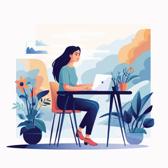 Smiling businesswoman working on laptop desk around cactus and tree at home office.Illustrator cartoon sketch style.