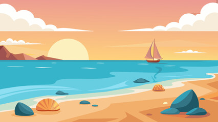 Fototapeta na wymiar Tranquil Sunset Seascape Vector Illustration of Beachside Serenity