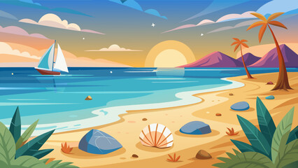 Fototapeta na wymiar Tranquil Sunset Seascape Vector Illustration of Beachside Serenity