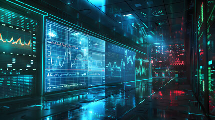 Tech Haven: Luminous Finance Charts in a Futuristic Chamber