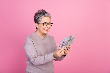 Photo of cheerful happy elderly woman counting salary winning lottery wealthy luxurious life isolated on pink color background