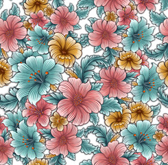 Hand drawn hibiscus flowers seamless pattern. Floral illustration. - 769780844