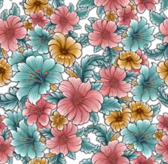Gordijnen Hand drawn hibiscus flowers seamless pattern. Floral illustration. © ilhnklv