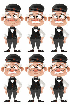 Character sheet of old man in black bow tie and hat