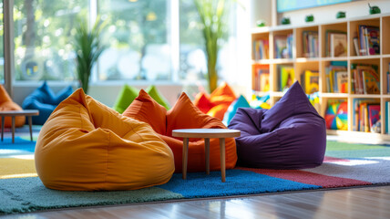 Colorful beanbags in a kids playroom.
