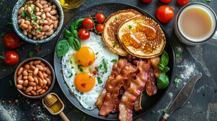 Fototapeta na wymiar Plate of Eggs, Bacon, Beans, and Tomatoes