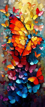 Abstract colorful background with butterfly and multicolored paper cut shapes.