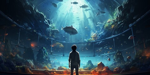 A man stands in front of a large aquarium filled with fish