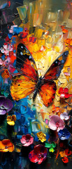 Butterfly on a colorful background, watercolor painting on canvas.