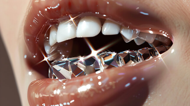Human mouth with luxurious dental decorations made of crystal or diamond-like material. The teeth are covered in a grid that reflects and refracts light, reminiscent of the cutting of gemstones